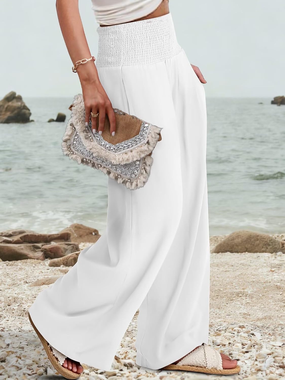 JZC Womens Wide Leg Pants Elastic High Waisted Palazzo Pants Summer Flowy Casual Trousers Beach Travel Vacation Outfits