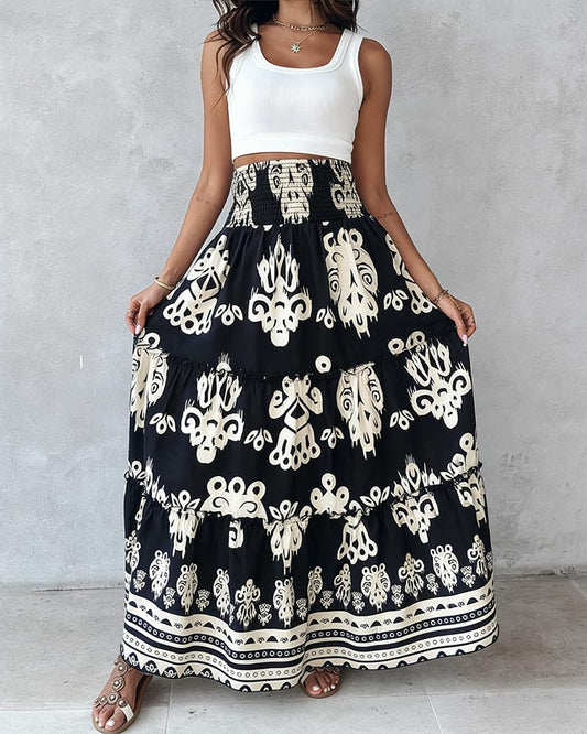 CHICME Women's Boho Floral Summer Maxi Skirt with Pockets Vacation Outfit