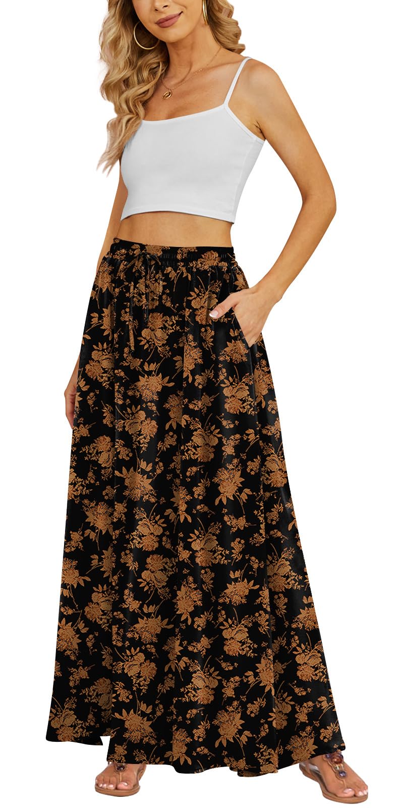 Yincro Women's Maxi Skirt Flowy High Waist Casual Long Skirts with Pockets