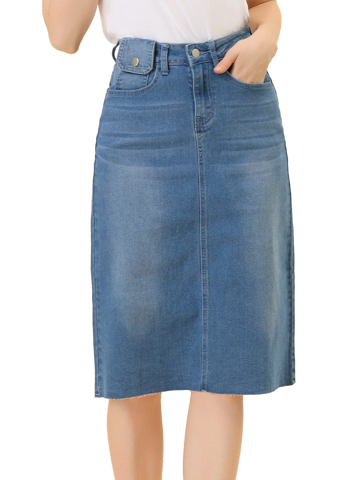 Allegra K Women's Casual Jean Skirt Raw Hem Stretch High Waist Denim Skirts
