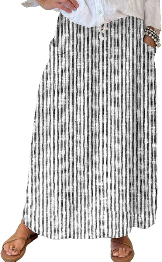 chouyatou Women's Vertical Striped High Waist Maxi Skirt Vintage Floral Cotton Long Skirt with Pockets