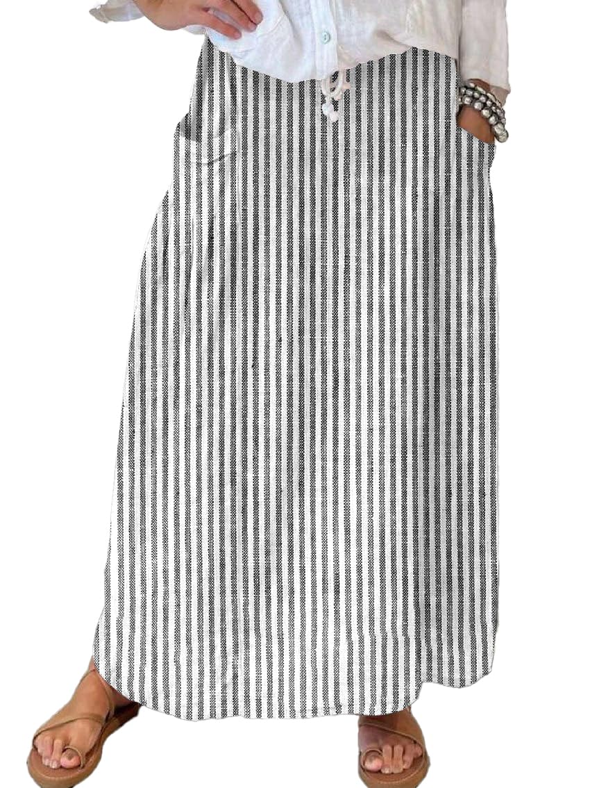 chouyatou Women's Vertical Striped High Waist Maxi Skirt Vintage Floral Cotton Long Skirt with Pockets