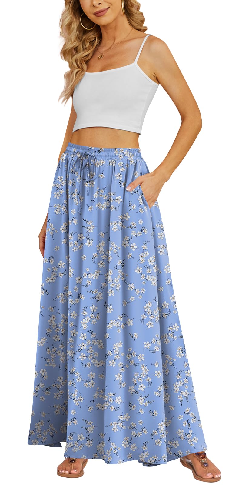 Yincro Women's Maxi Skirt Flowy High Waist Casual Long Skirts with Pockets