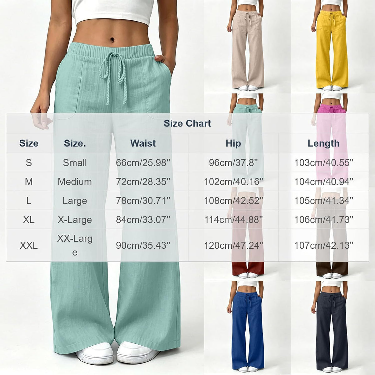 YRAETENM Wide Leg Linen Pants for Women Drawstring High Waisted Trousers