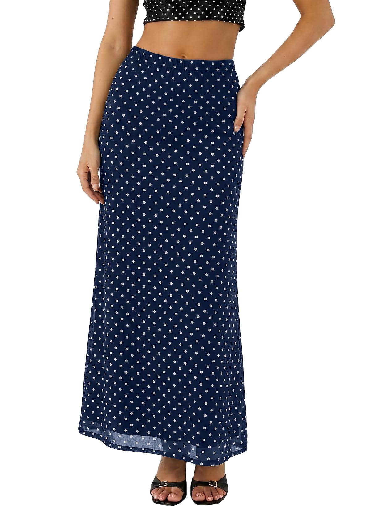 BLENCOT Womens High Waisted Long Mesh Polka Dot Maxi Skirt