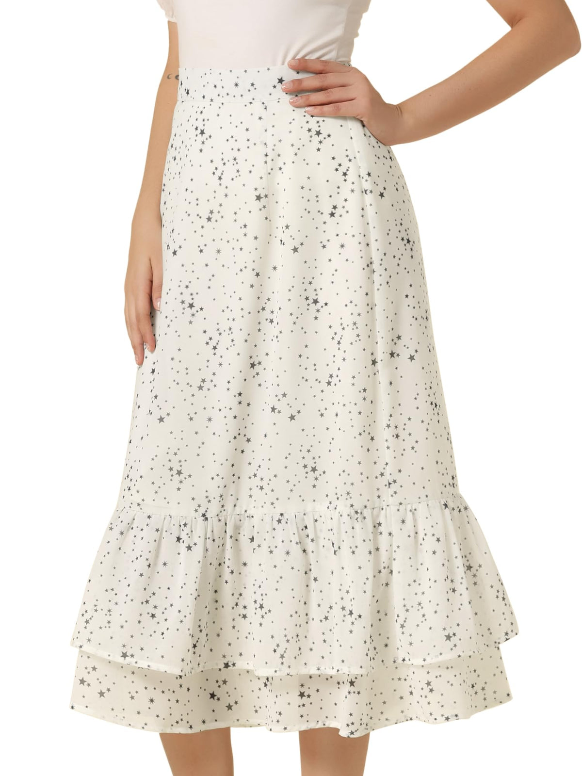 Allegra K Women's Printed Skirt Chiffon Ruffle Tiered Flowy Midi Skirts