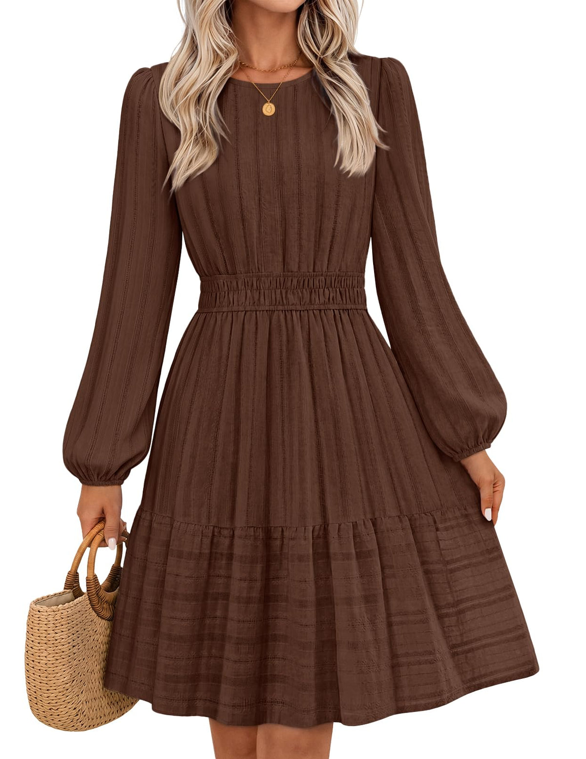 MEROKEETY Women's Fall Long Puff Sleeve Casual Boho Flowy Dress