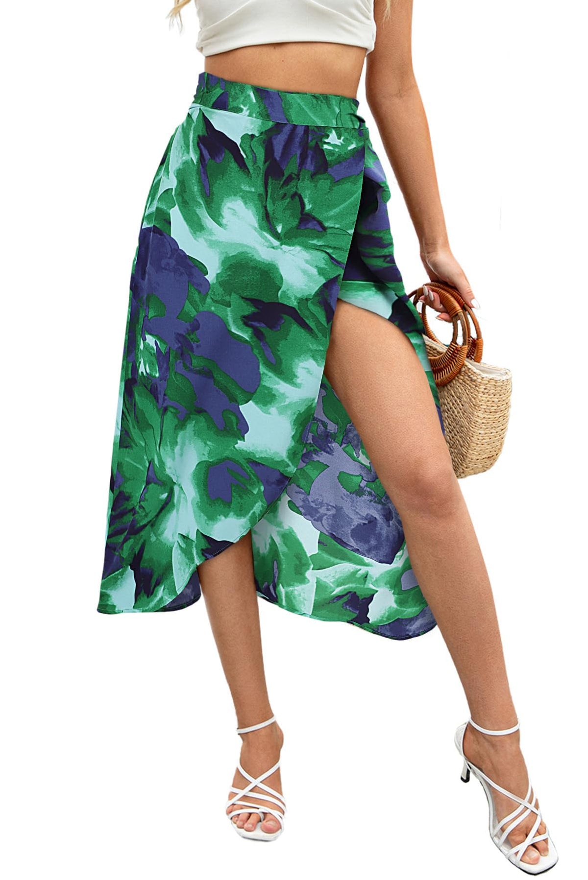 Newchoice Women's Boho Leopard Skirt High Low Split Summer Beach Midi Wrap Skirts