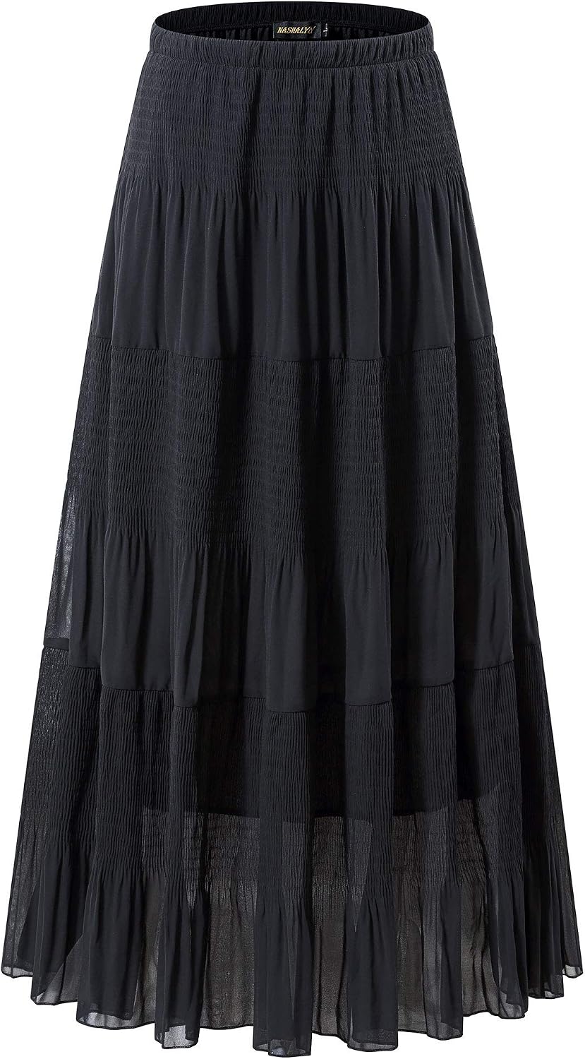 NASHALYLY Women's Chiffon Elastic High Waist Pleated A-Line Maxi Skirts