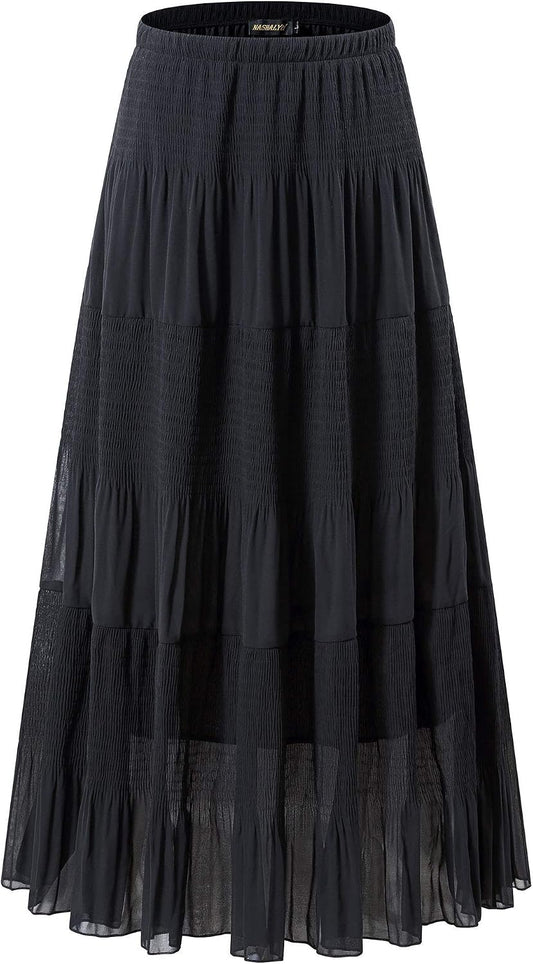 NASHALYLY Women's Chiffon Elastic High Waist Pleated A-Line Maxi Skirts
