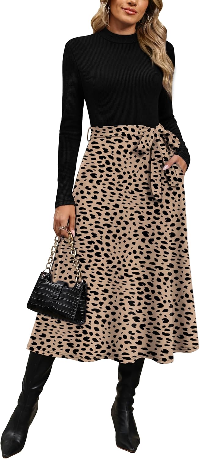 OFEEFAN Long Sleeve Dress Mock Neck Tie Waist Ribbed Knit Midi Dresses Fall Outfits