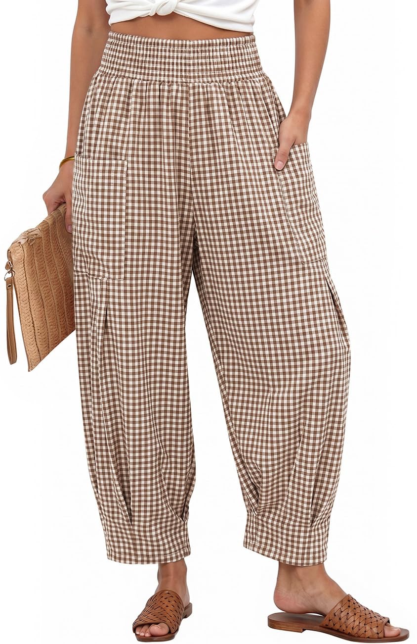 TARSE Women's Linen Gingham Pants Baggy High Waist Palazzo Pants