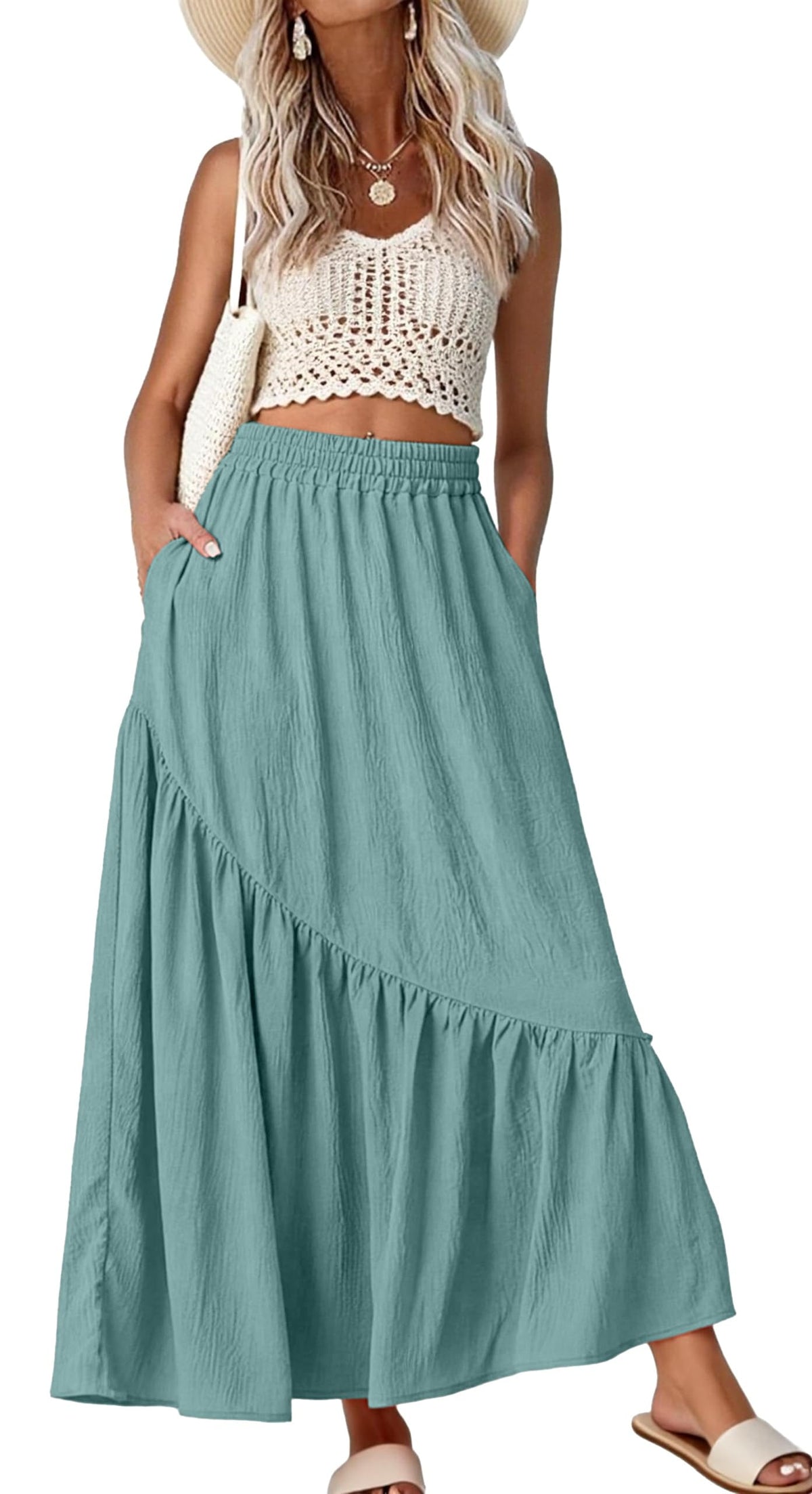GRECERELLE Women's Maxi Skirt High Waist Tiered A-Line with Pockets