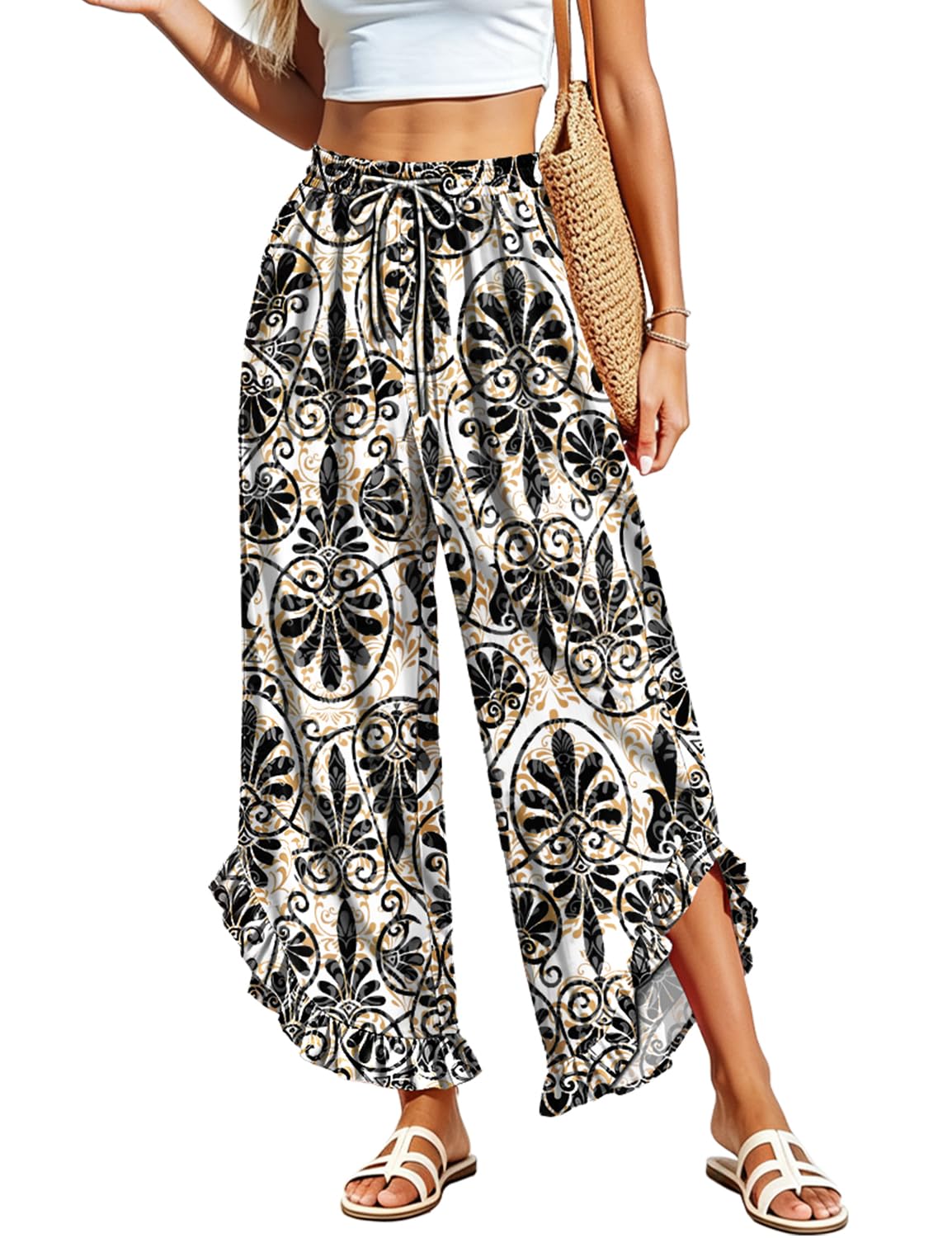 YESNO Women's Summer Wide Leg Ruffle Hem Cropped Casual Pants PAR