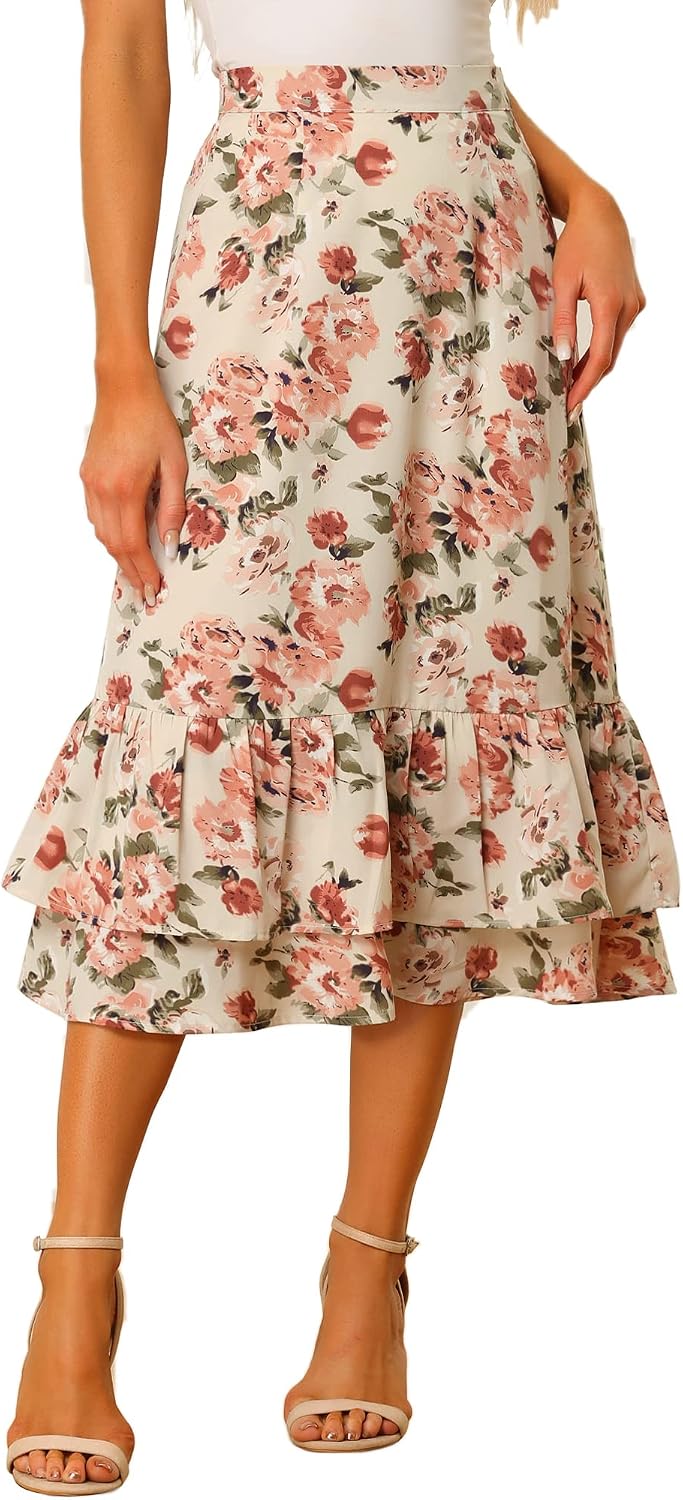 Allegra K Women's Printed Skirt Chiffon Ruffle Tiered Flowy Midi Skirts