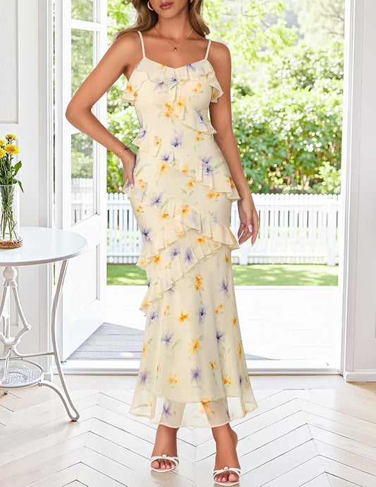 MEROKEETY Summer Floral Wedding Guest Maxi Dress Women 2026 Formal Cocktail