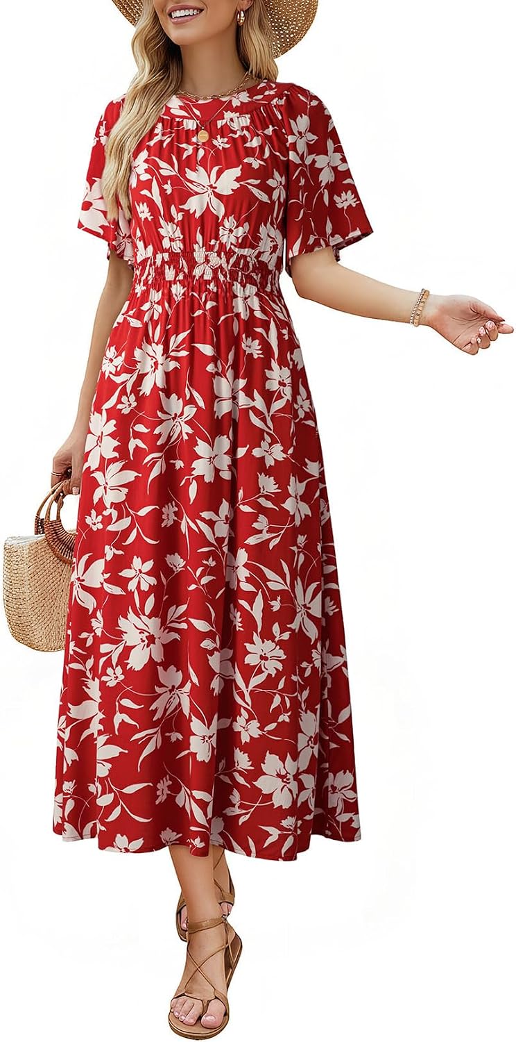 Dokotoo Summer Dresses for Women 2026 Vintage Elegant Midi Maxi Dresses Casual Short Sleeve A Line Flowy Dress