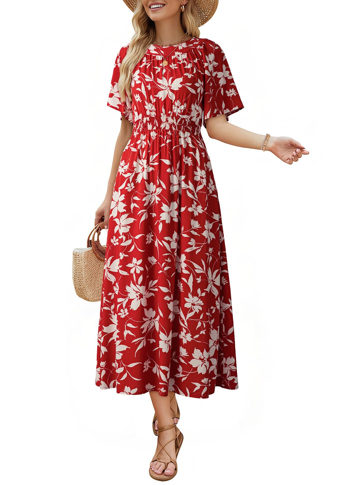 Dokotoo Summer Dresses for Women 2026 Vintage Elegant Midi Maxi Dresses Casual Short Sleeve A Line Flowy Dress