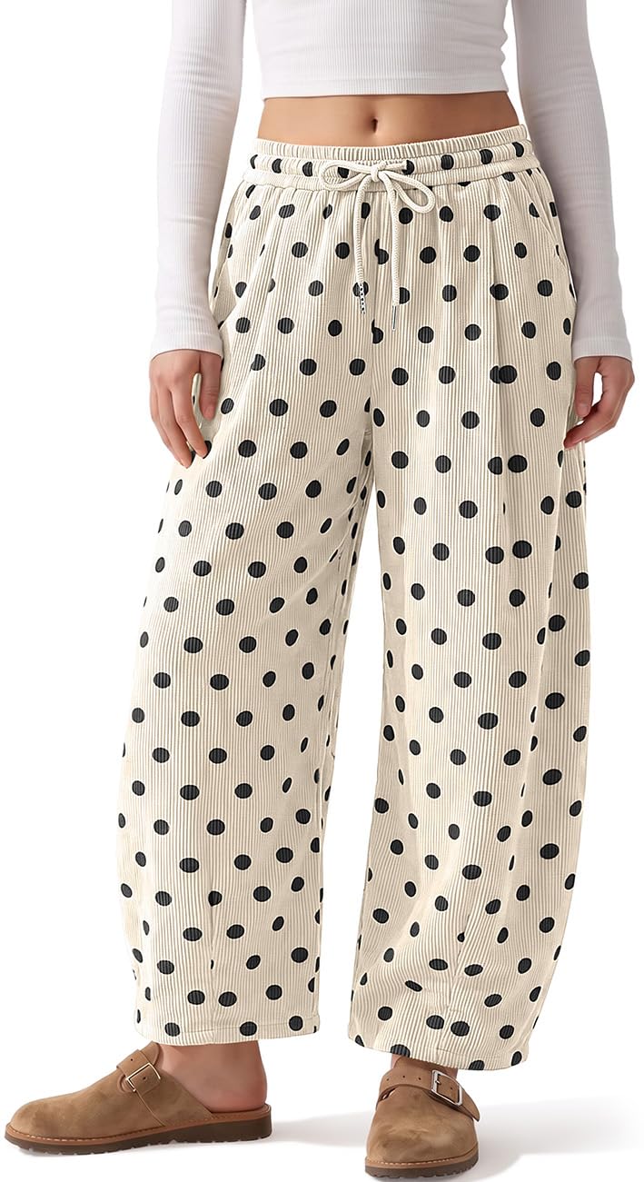 TARSE Women's Corduroy Barrel Pants Polka Dot Wide Leg Pants with Pockets