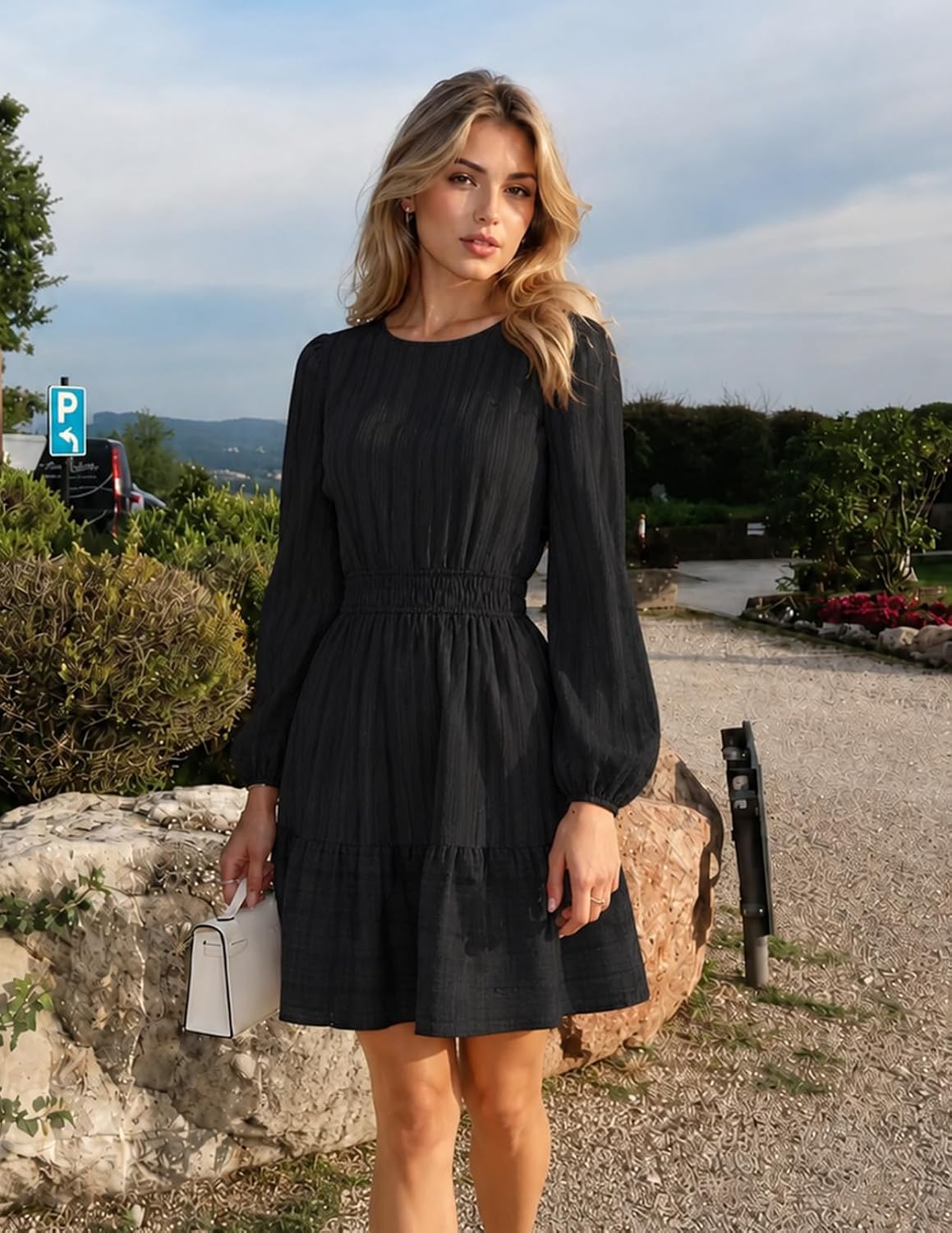 MEROKEETY Women's Fall Long Puff Sleeve Casual Boho Flowy Dress