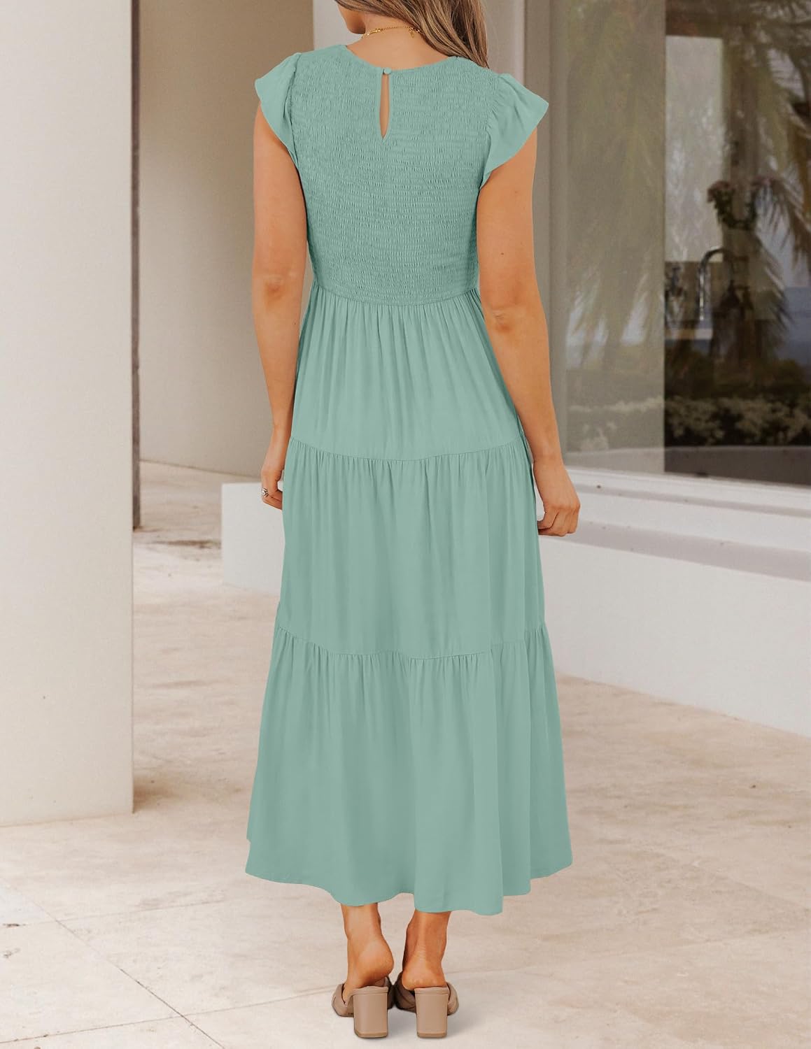 ZESICA Women's 2026 Summer Casual Flutter Short Sleeve Smocked Midi Dress