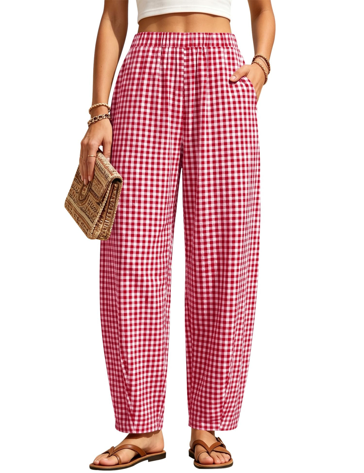 LOMON Womens Barrel Harem Travel Pants Baggy Casual Gingham Striped Bottoms