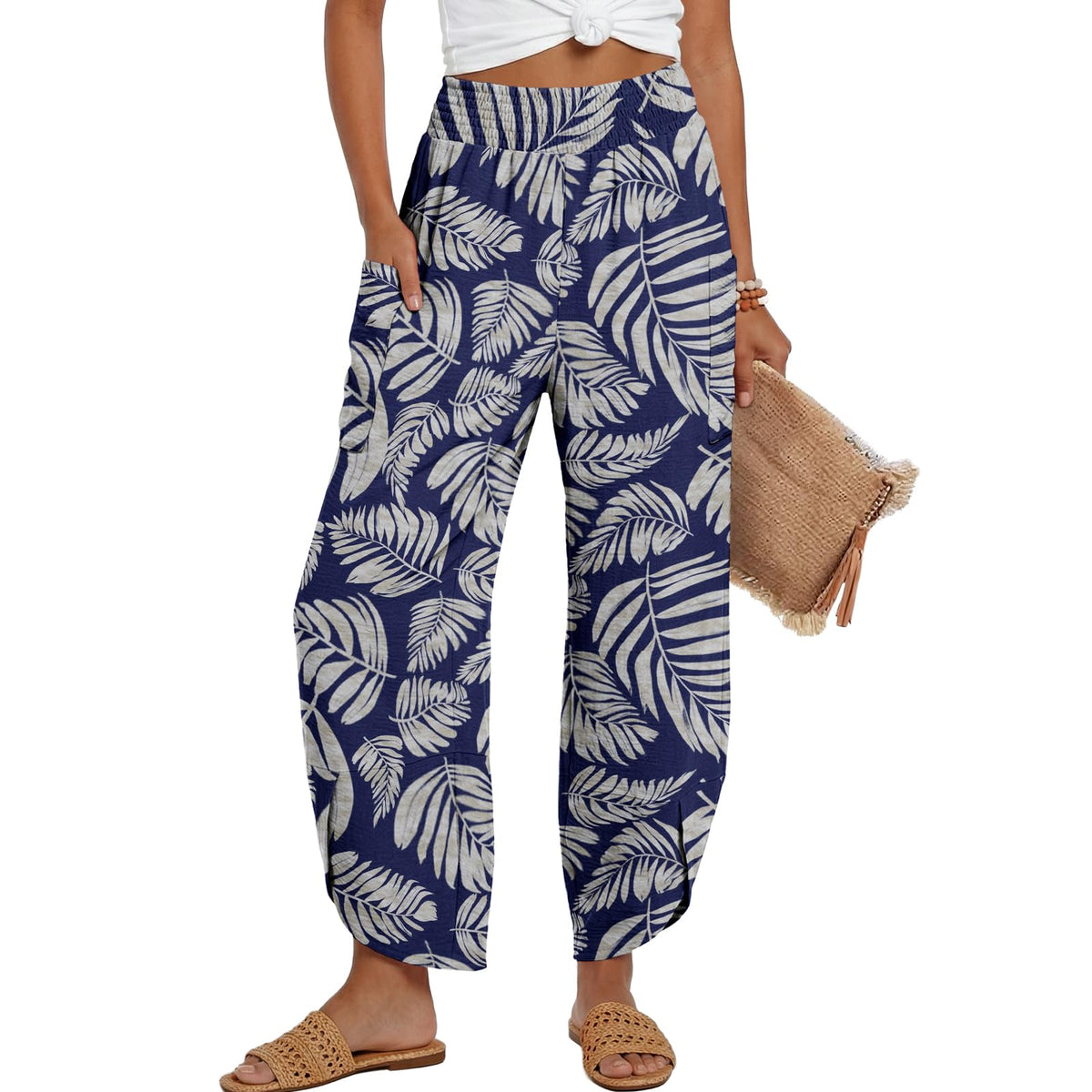 Lepunuo Womens Wide Leg Pants Palazzo High Waisted Smocked Trousers Summer Beach Casual Travel Pants 2026 with Pockets