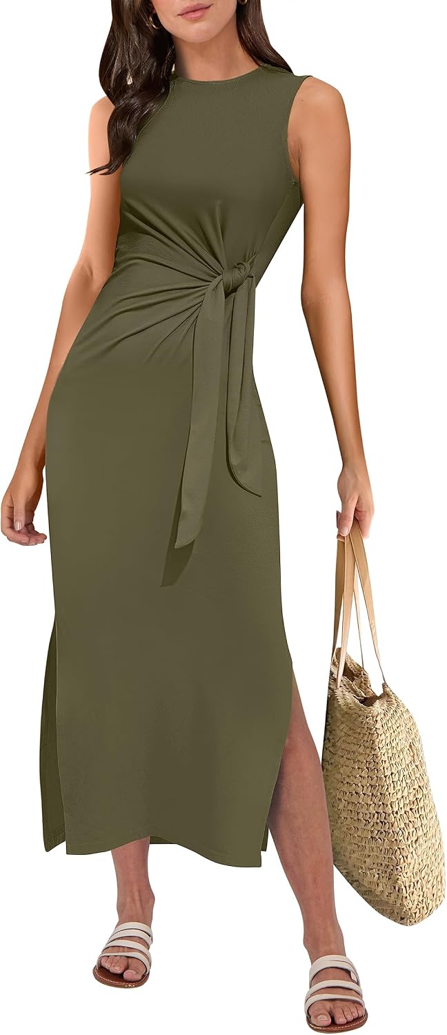ANRABESS Womens Summer Casual Sleeveless T Shirt Midi Dress Slim Fit Tie Waist Split Tank Long Dresses 2026 Vacation Sundress