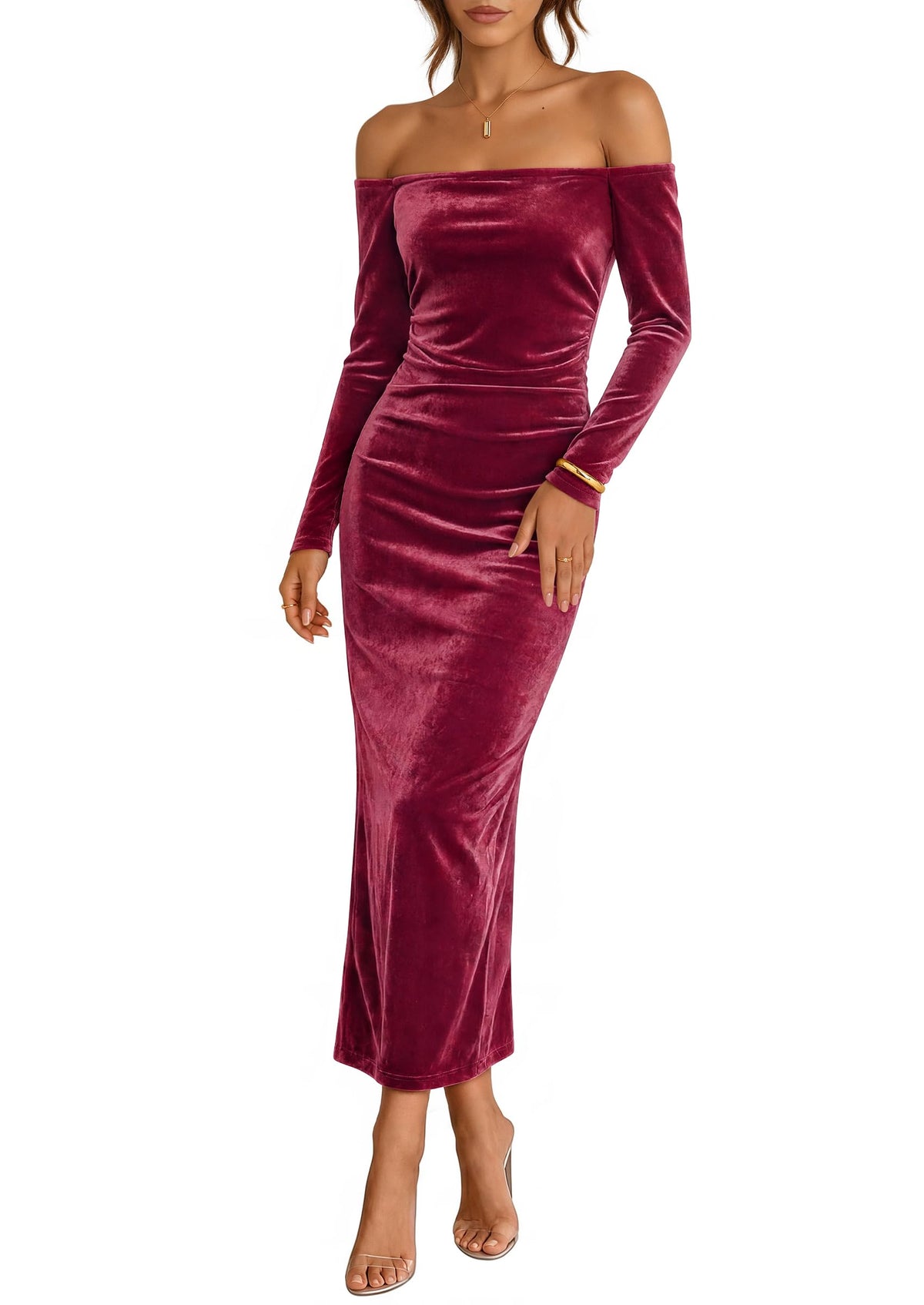 ZESICA Womens Velvet Long Sleeve Off Shoulder Formal Bodycon Maxi Dress