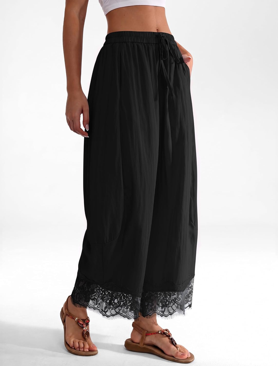 IWH Cropped Lace Trim Pants Women Wide Leg Barrel Silk Bottom Petite Length