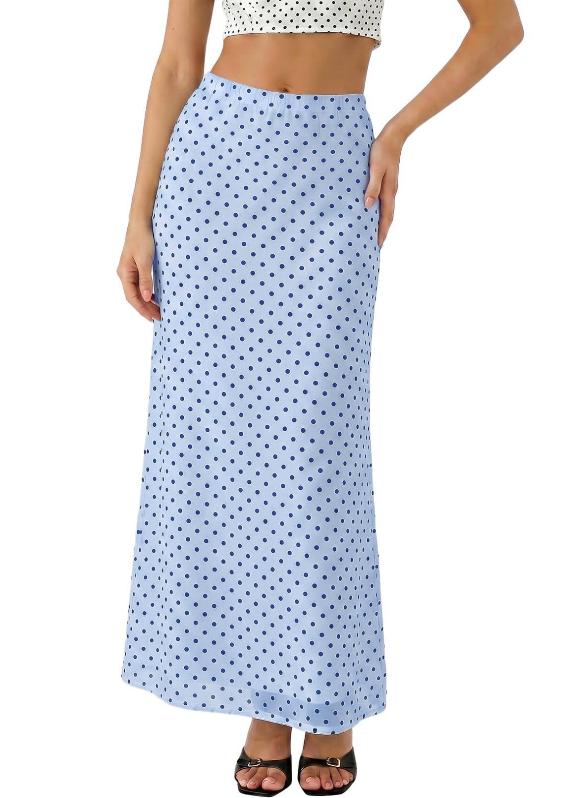 BLENCOT Womens High Waisted Long Mesh Polka Dot Maxi Skirt