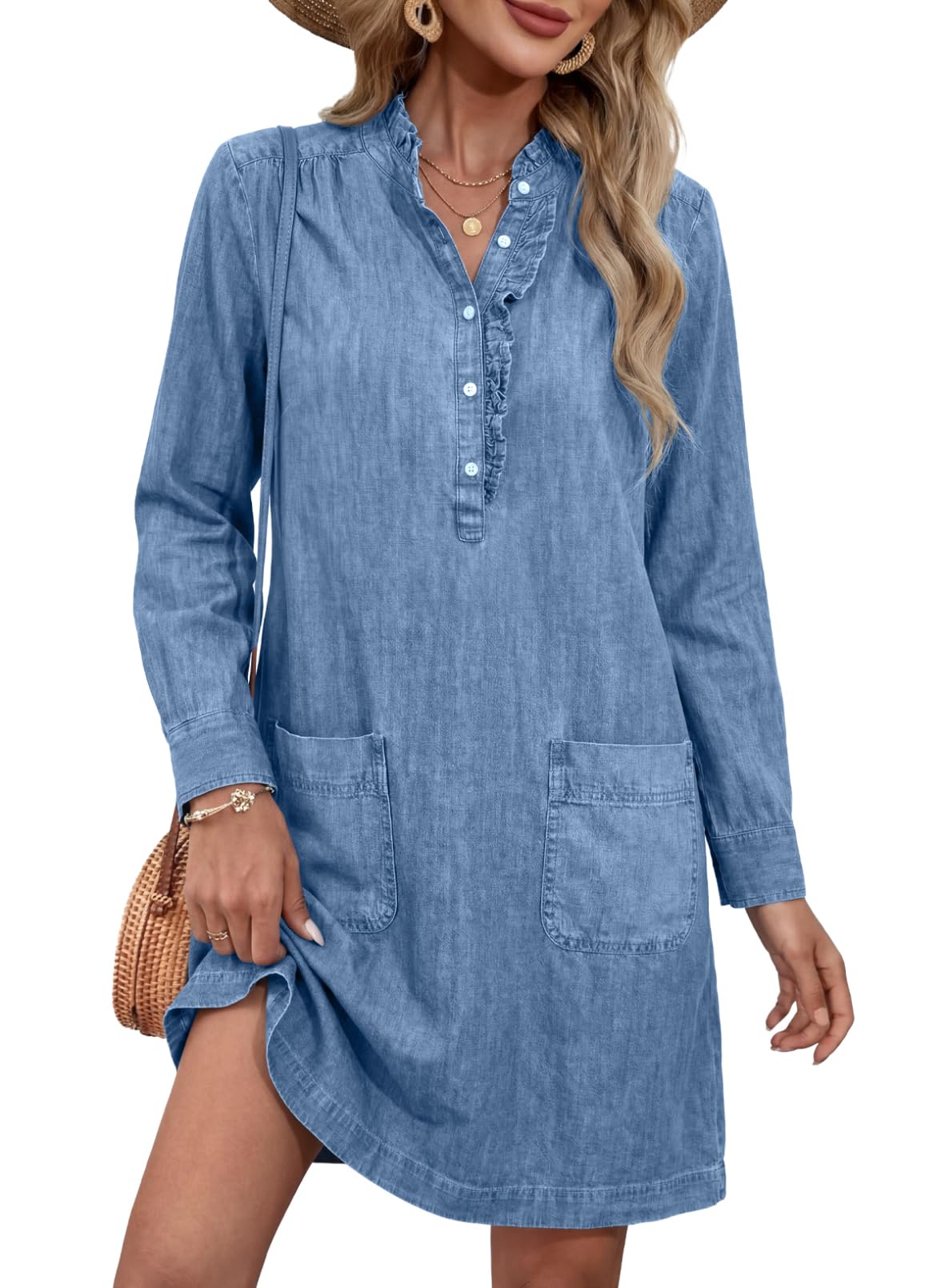 Sidefeel Women's Denim Dresses 2026 Loose Long Sleeve Ruffled Edge Neck Jean Sundresses with Pockets