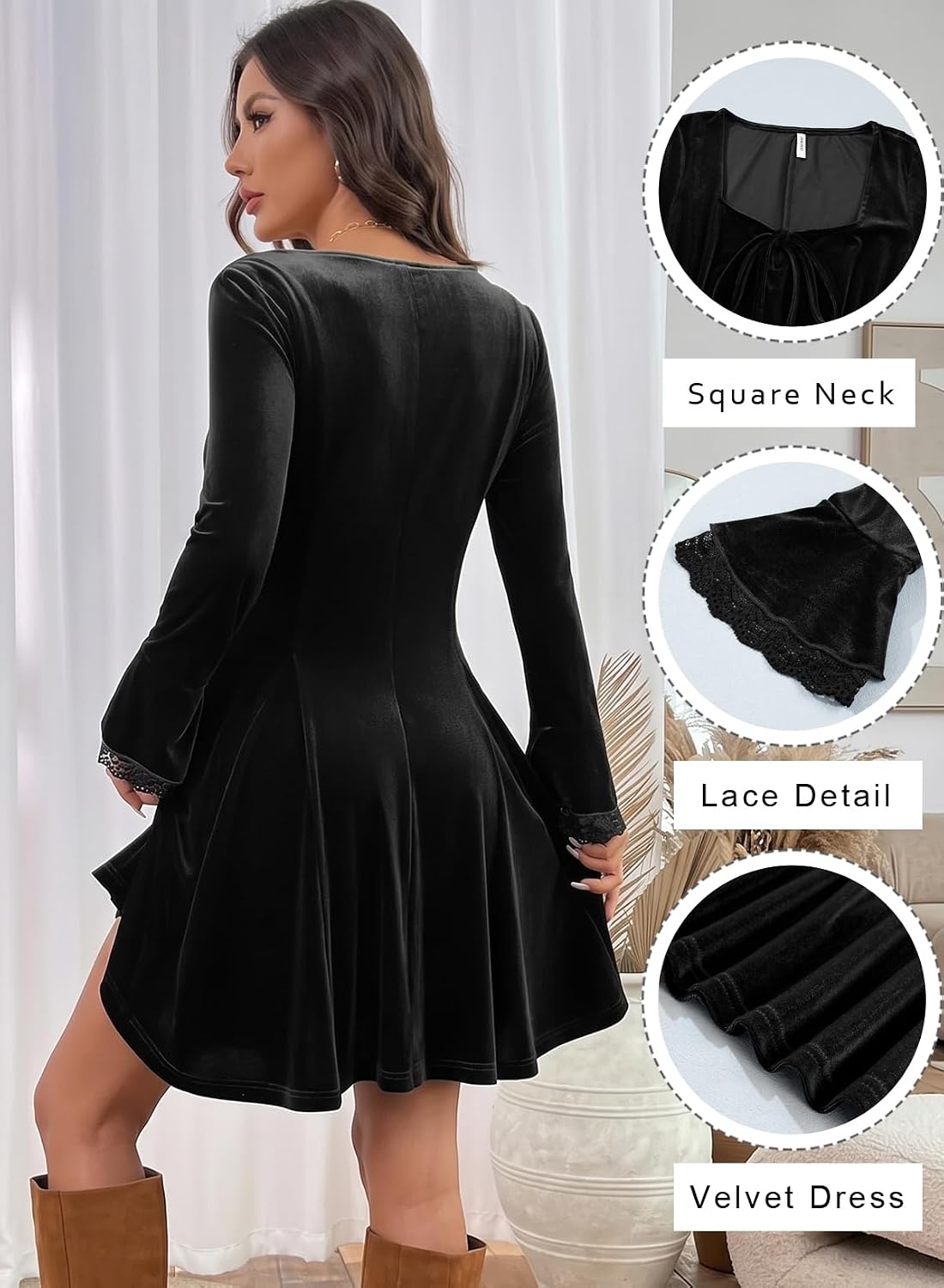 Dokotoo Womens Fall Dresses Lace Long Sleeve Velvet Dress