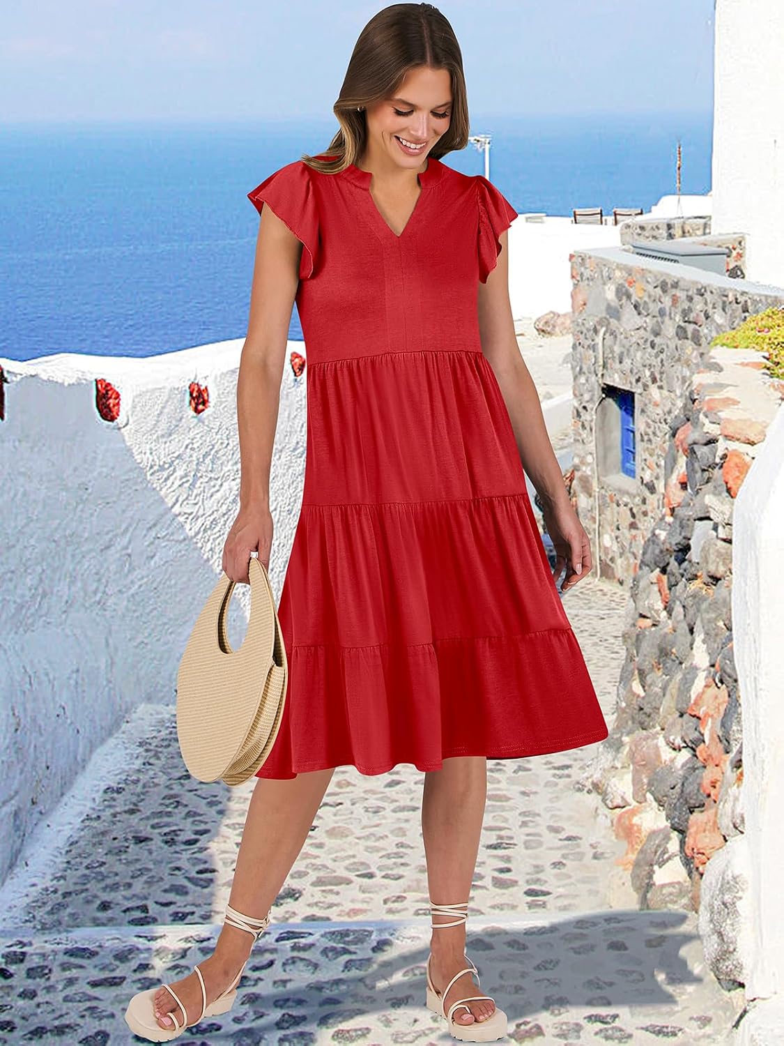 ANRABESS Womens Summer Dress Ruffle Sleeve V Neck Midi Dresses