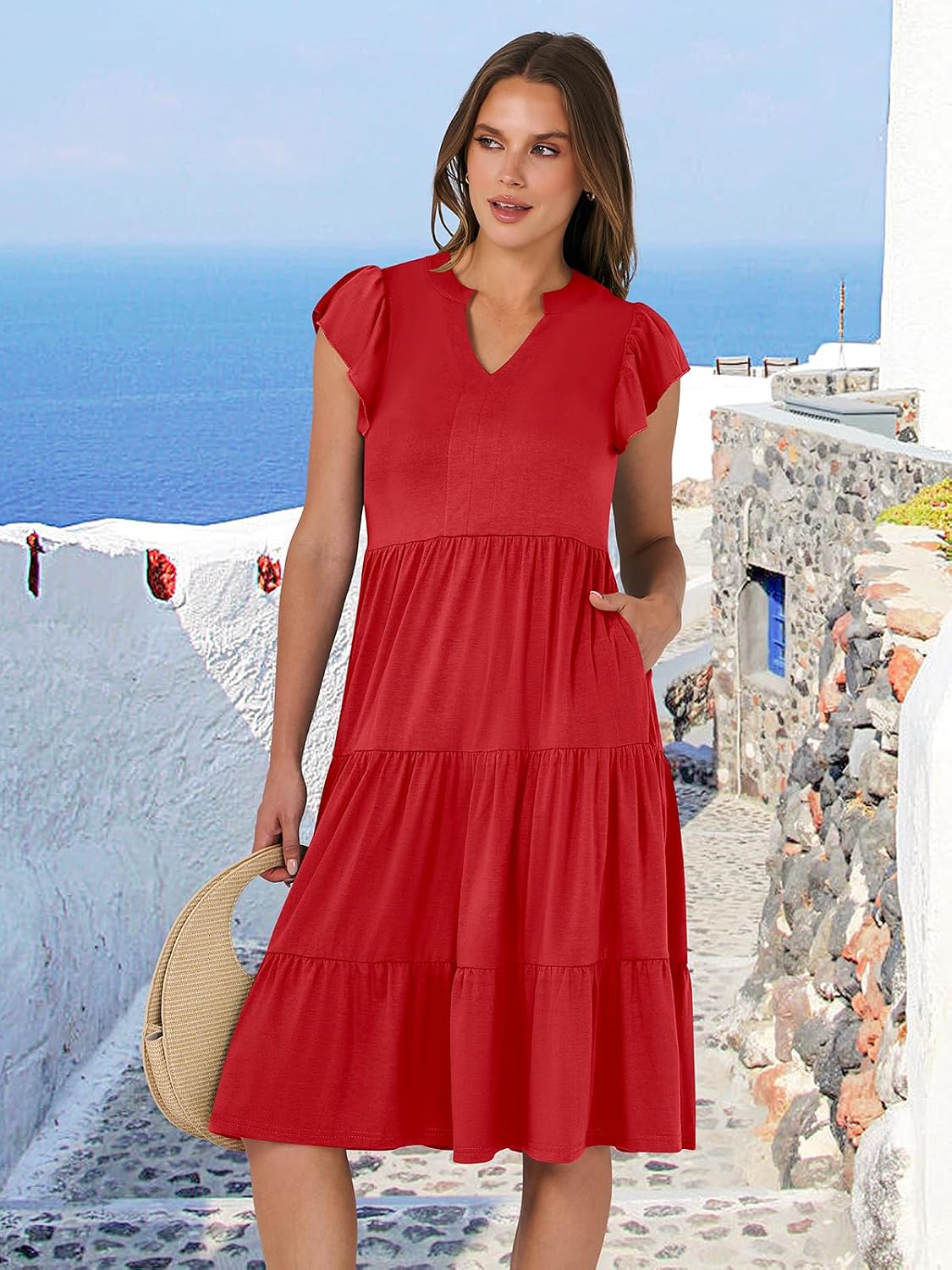 ANRABESS Womens Summer Dress Ruffle Sleeve V Neck Midi Dresses