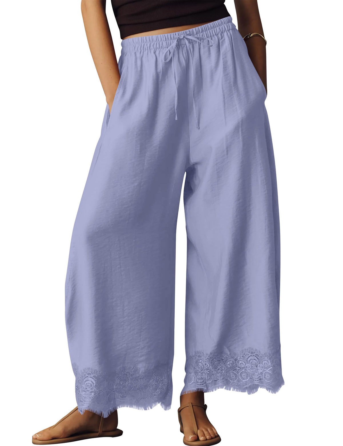 Anoumcy Lace Trim Wide Leg Pants for Women 2026 Spring Summer Cropped Lightweight Casual Pants