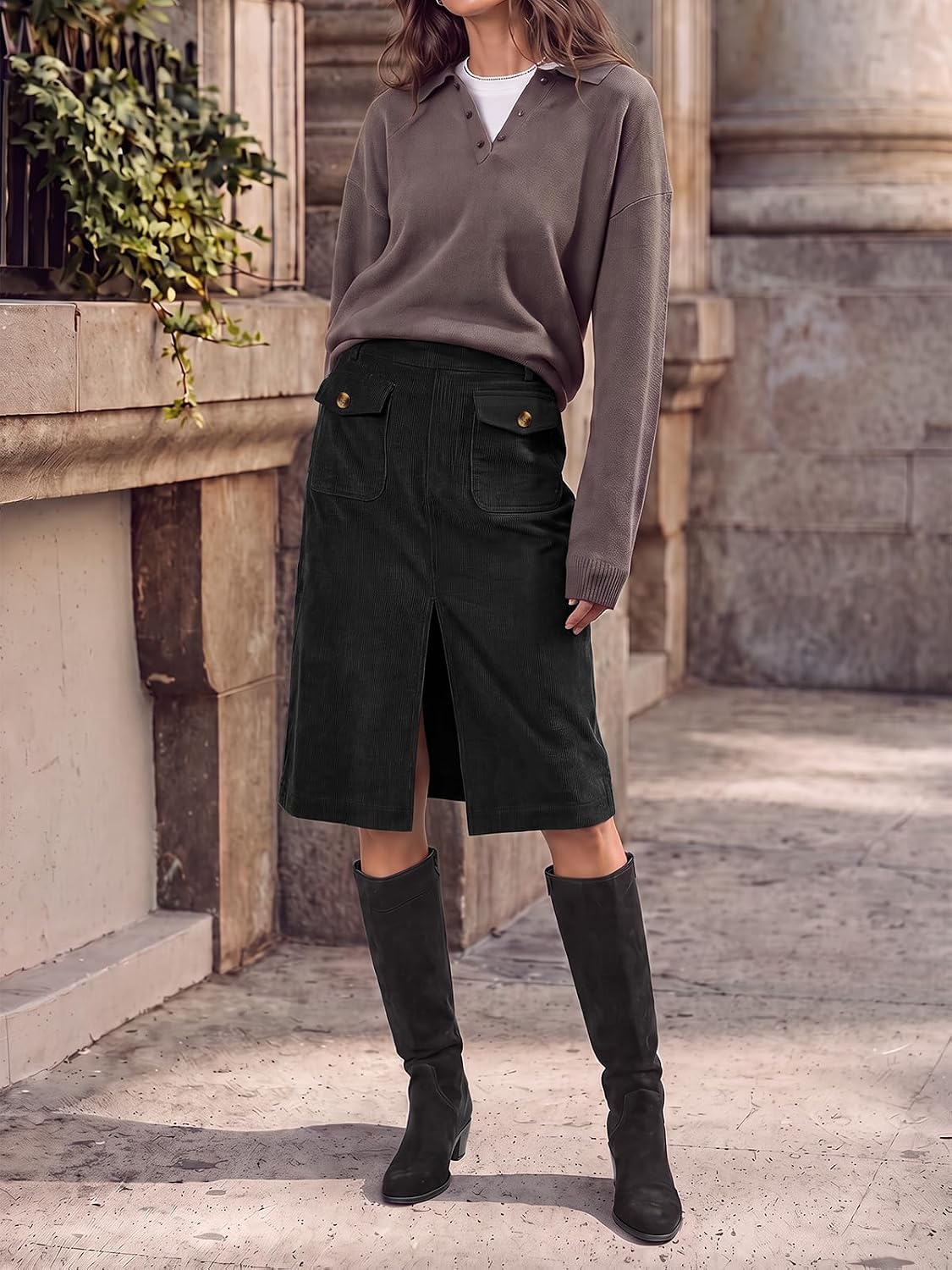 Cicy Bell Women Corduroy Midi Skirt Fall A-Line Front Slit Skirts