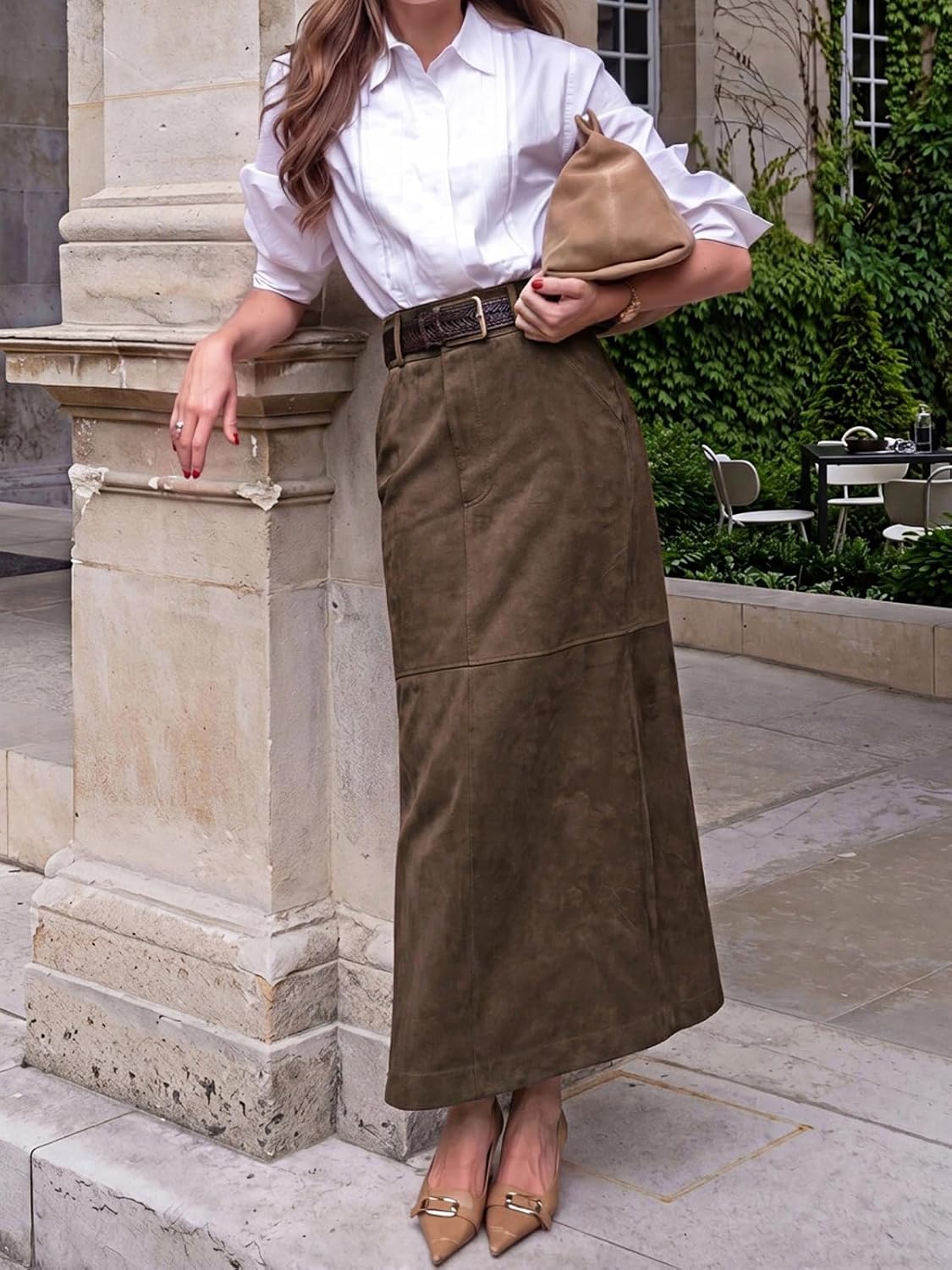 Cicy Bell Womens Suede Maxi Skirt High Waisted Slit Patchwork Pencil Skirts