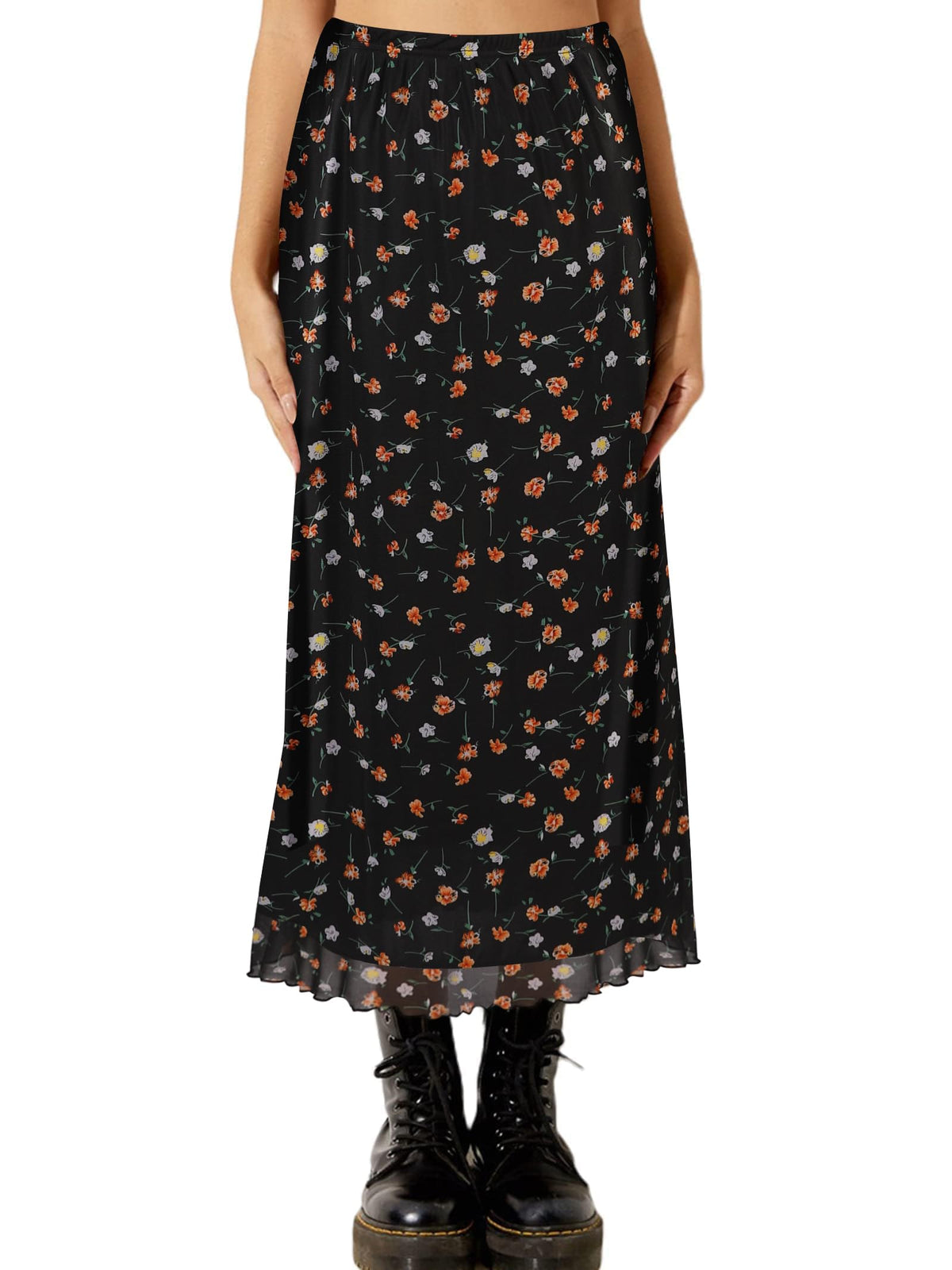 Avanova Women Mesh Floral Boho Midi Skirt High Waist Long Skirt