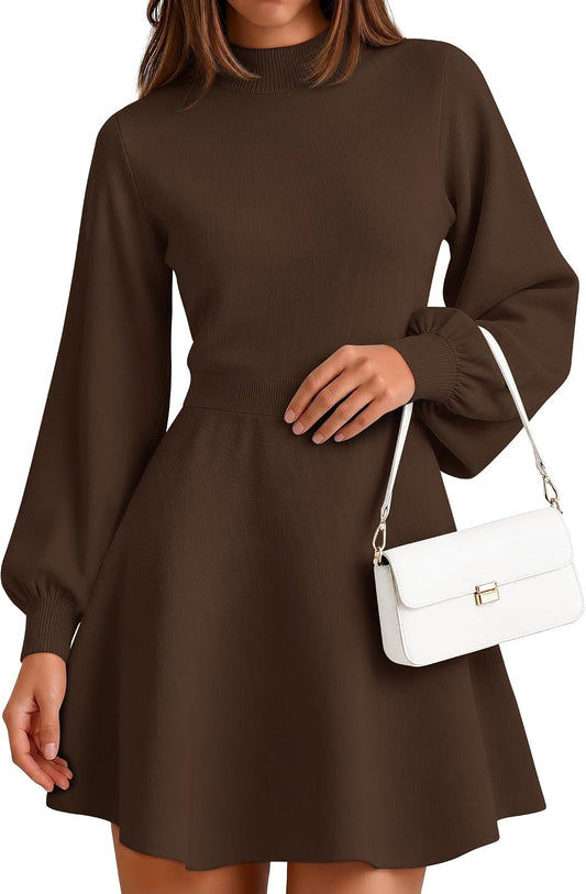 ZESICA Womens Fall Mock Neck Long Lantern Sleeve Sweater Mini Dress