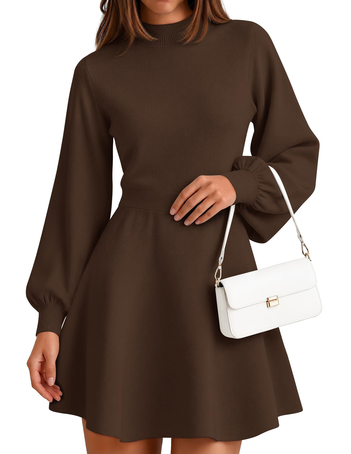 ZESICA Womens Fall Mock Neck Long Lantern Sleeve Sweater Mini Dress