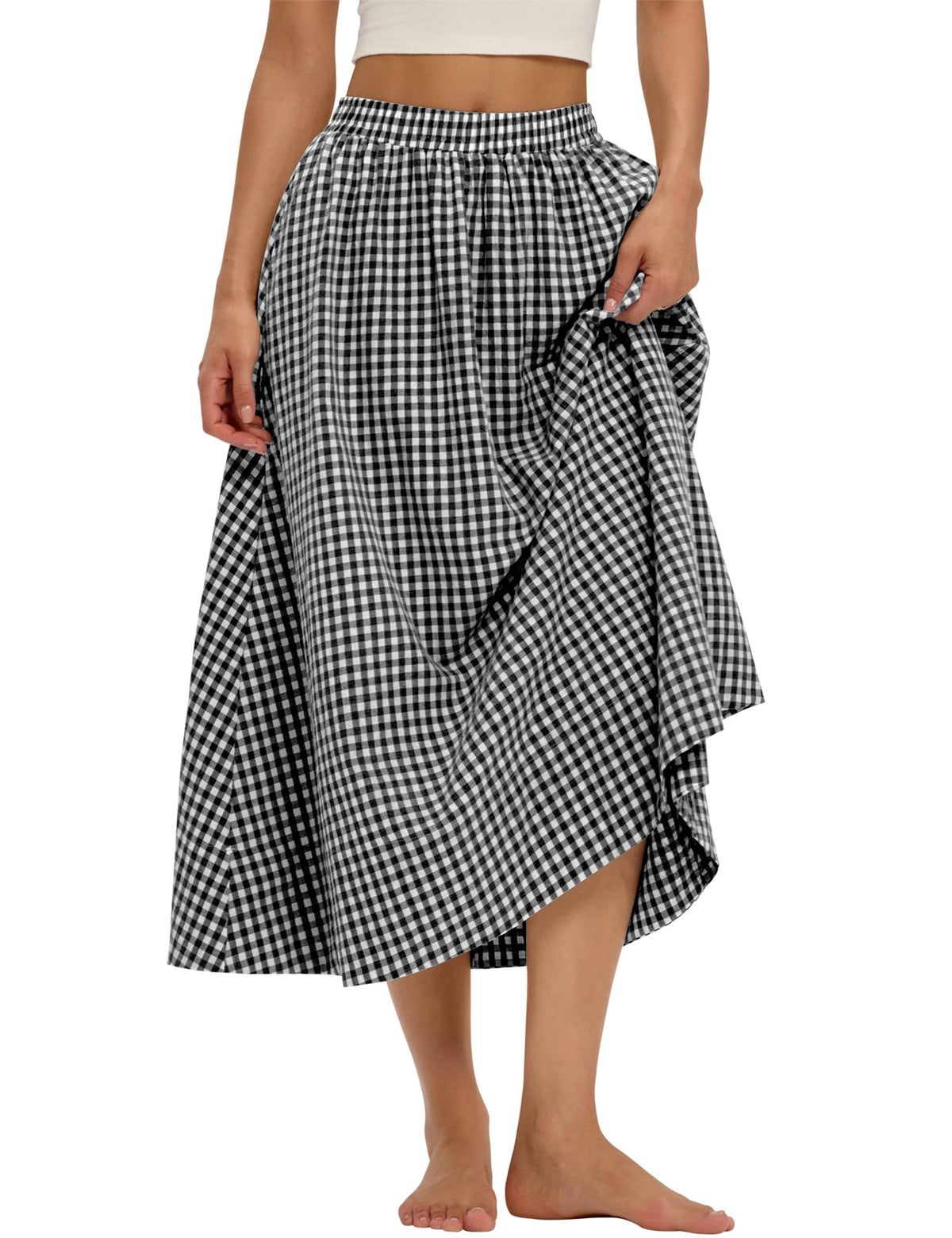 LOMON Midi Skirts for Women with Pockets A-Line Cotton Flowy Elastic Waist