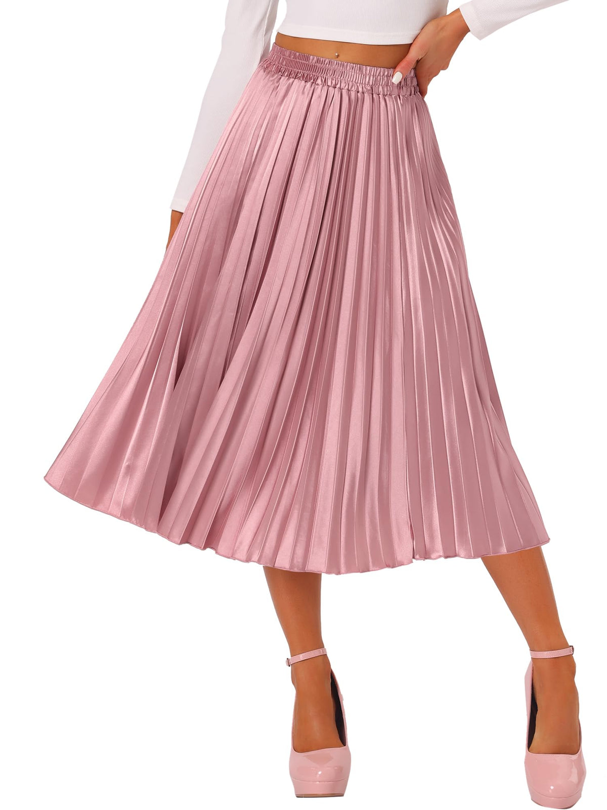 Allegra K Women Pleated Midi Skirt High Waisted Metallic Party Skirts