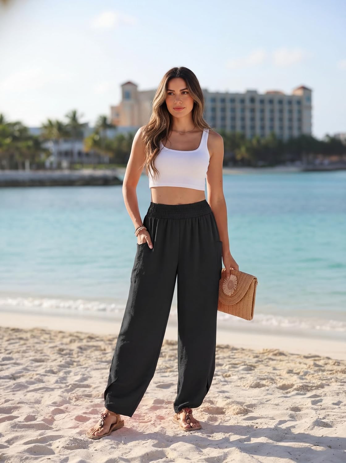 Lepunuo Womens Wide Leg Pants Palazzo High Waisted Smocked Trousers Summer Beach Casual Travel Pants 2026 with Pockets