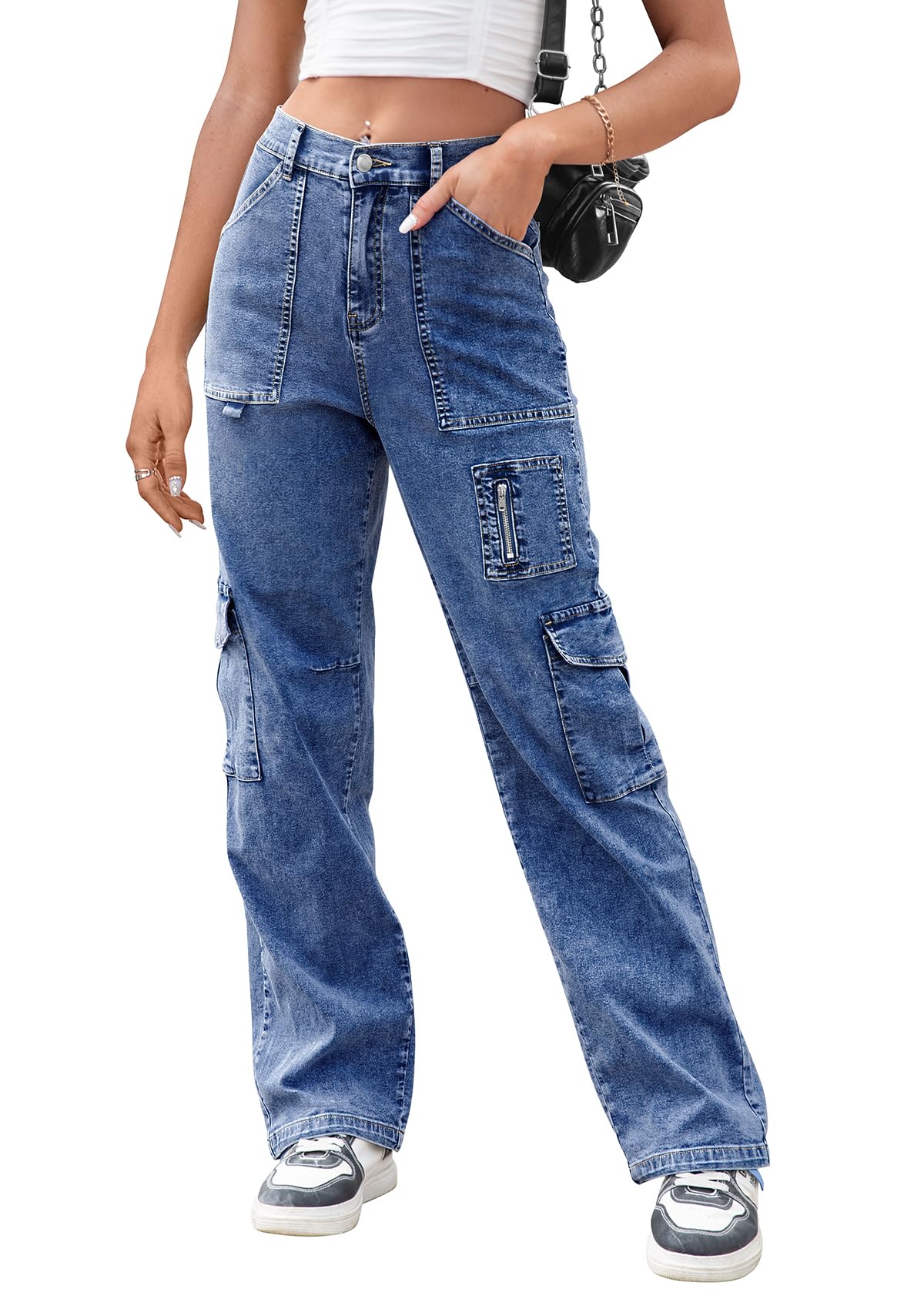 IVIR Cargo Pants Women High Waist Wide Leg Casual Pants with 7 Pockets Stretchy Drawstring Baggy Y2K Trousers