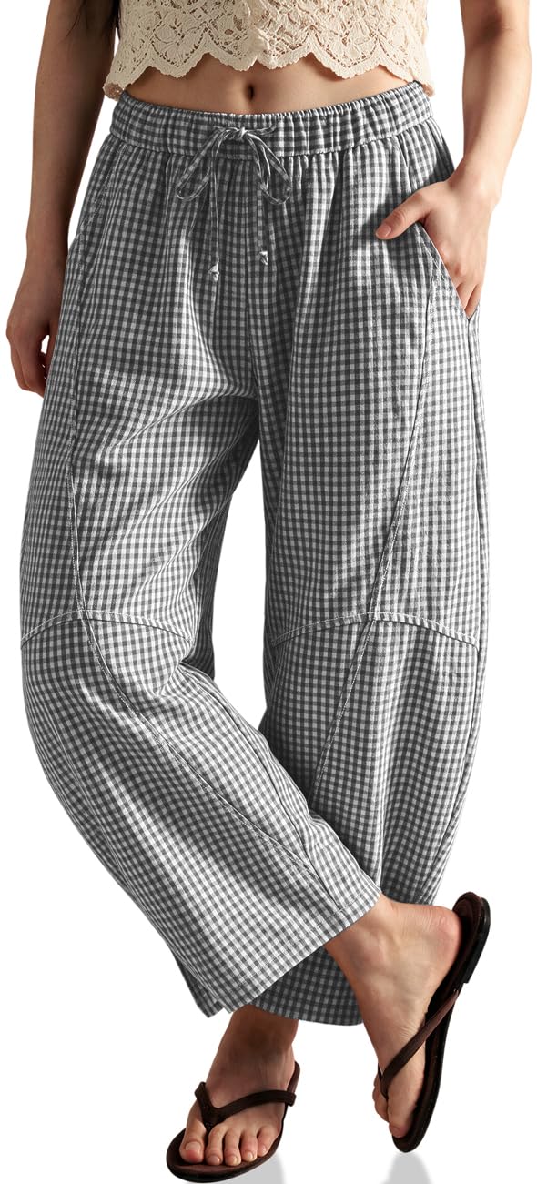 TARSE Womens Gingham Striped Linen Barrel Pants Drawstring Casual Trousers