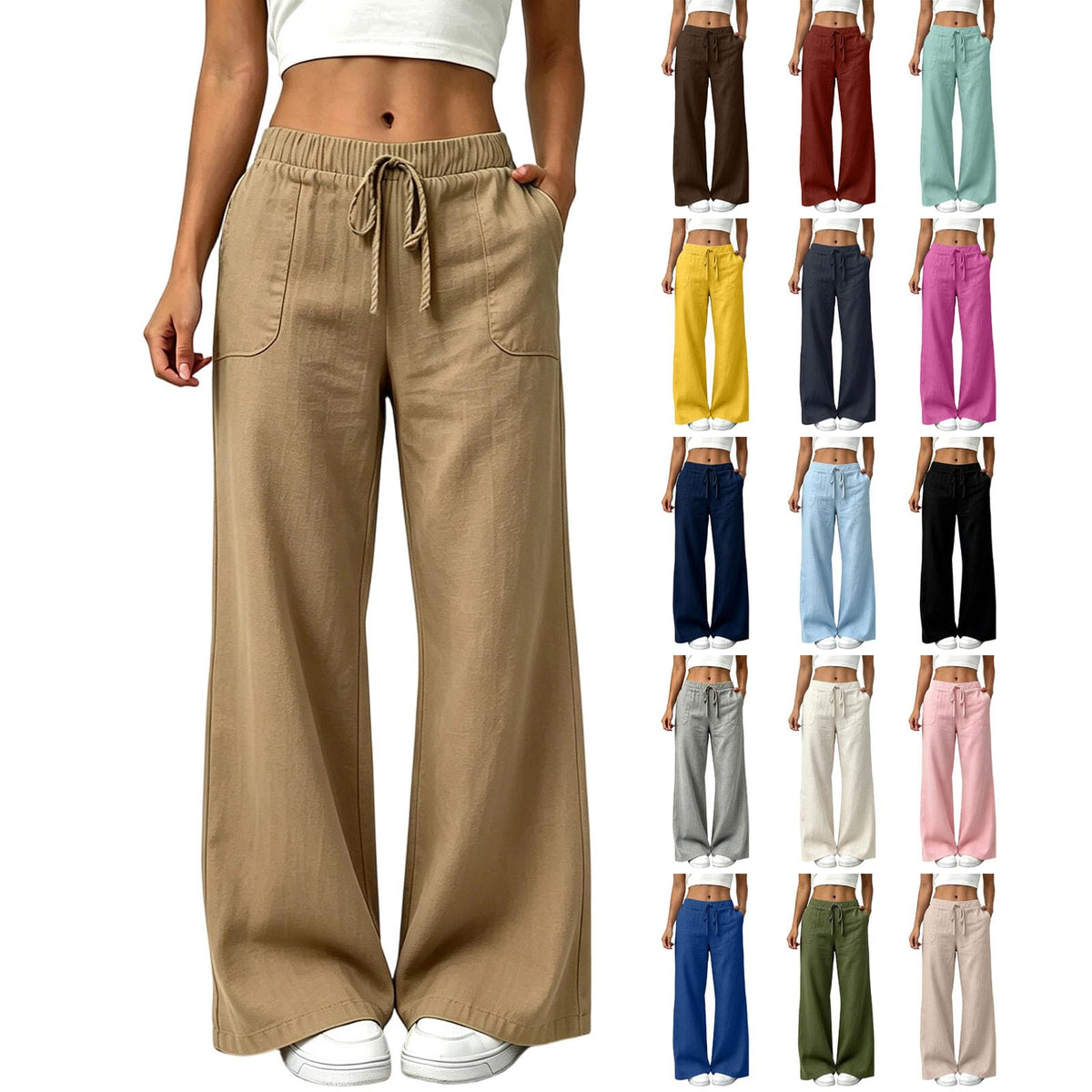 YRAETENM Wide Leg Linen Pants for Women Drawstring High Waisted Trousers