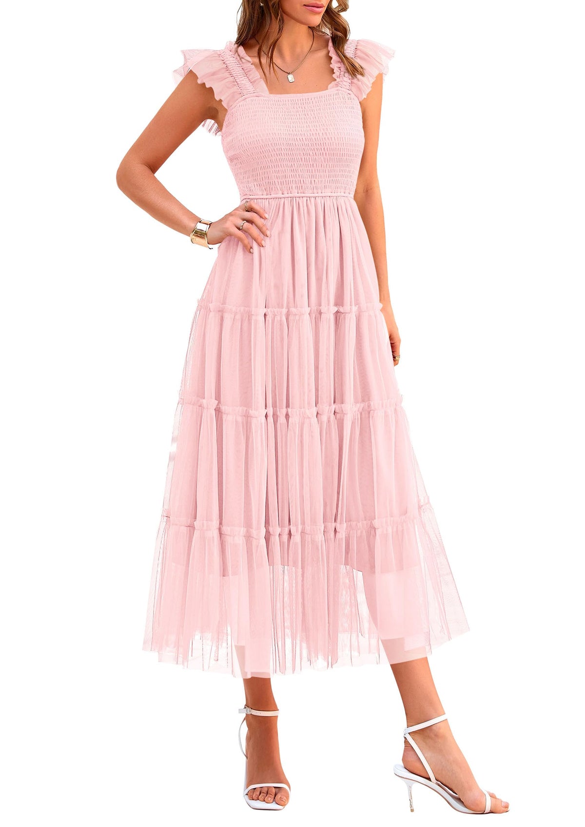 PRETTYGARDEN Women's Summer Smocked Midi Tulle Dress
