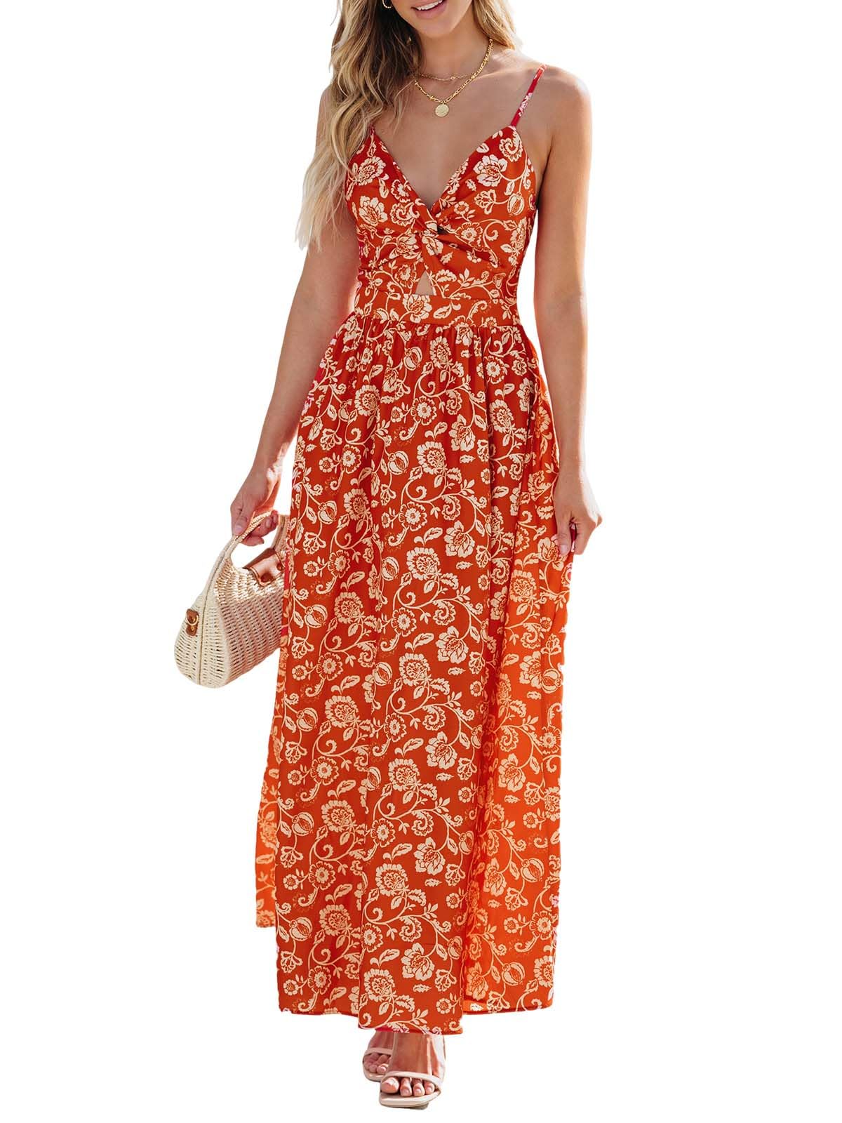 CUPSHE Women's Maxi Dress Floral Print Twisted V Neck Sleeveless Long Dress Summer Casual Dress