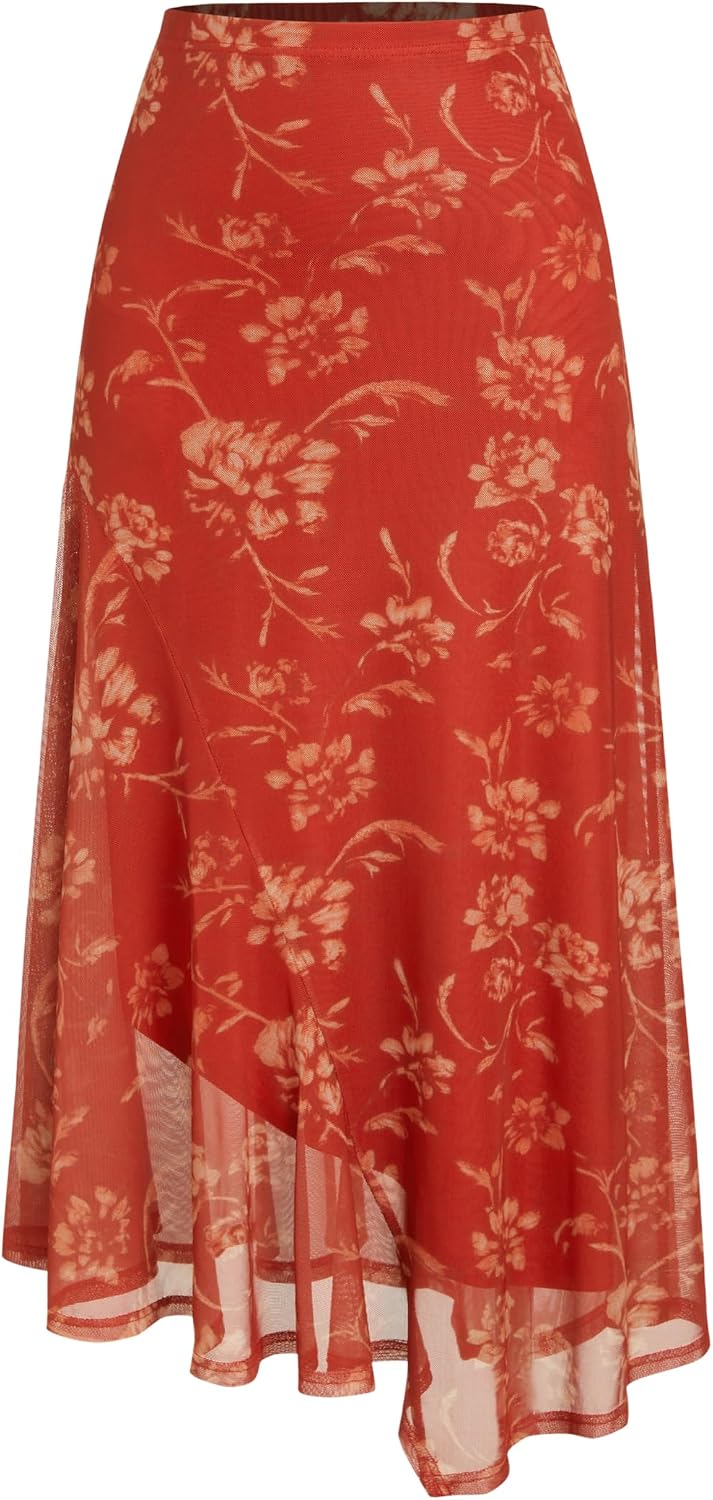 CIDER Skirts for Women Floral Mesh Maxi Asymmetrical Long Western Skirt